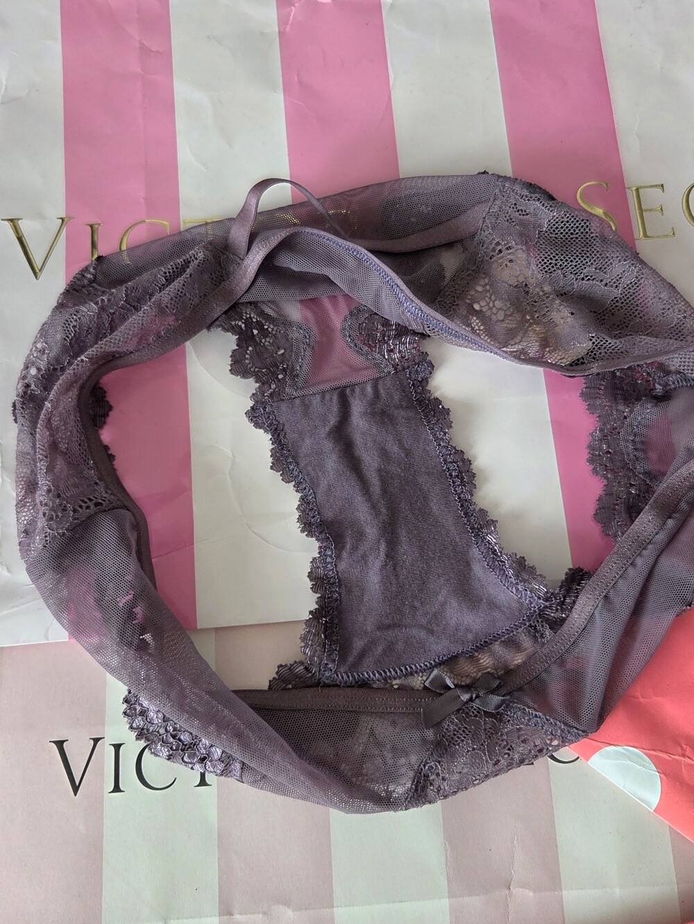 Victoria's Secret VTG Cheeky Panty NWT Sheer Mesh Lace Crisscross Purple - Picture 8 of 13